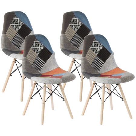 Fabulaxe Plastic Multicolor Fabric Patchwork DSW Shell Dining Chair w/Wooden Dowel Eiffel Legs, PK 4 QI003747.4